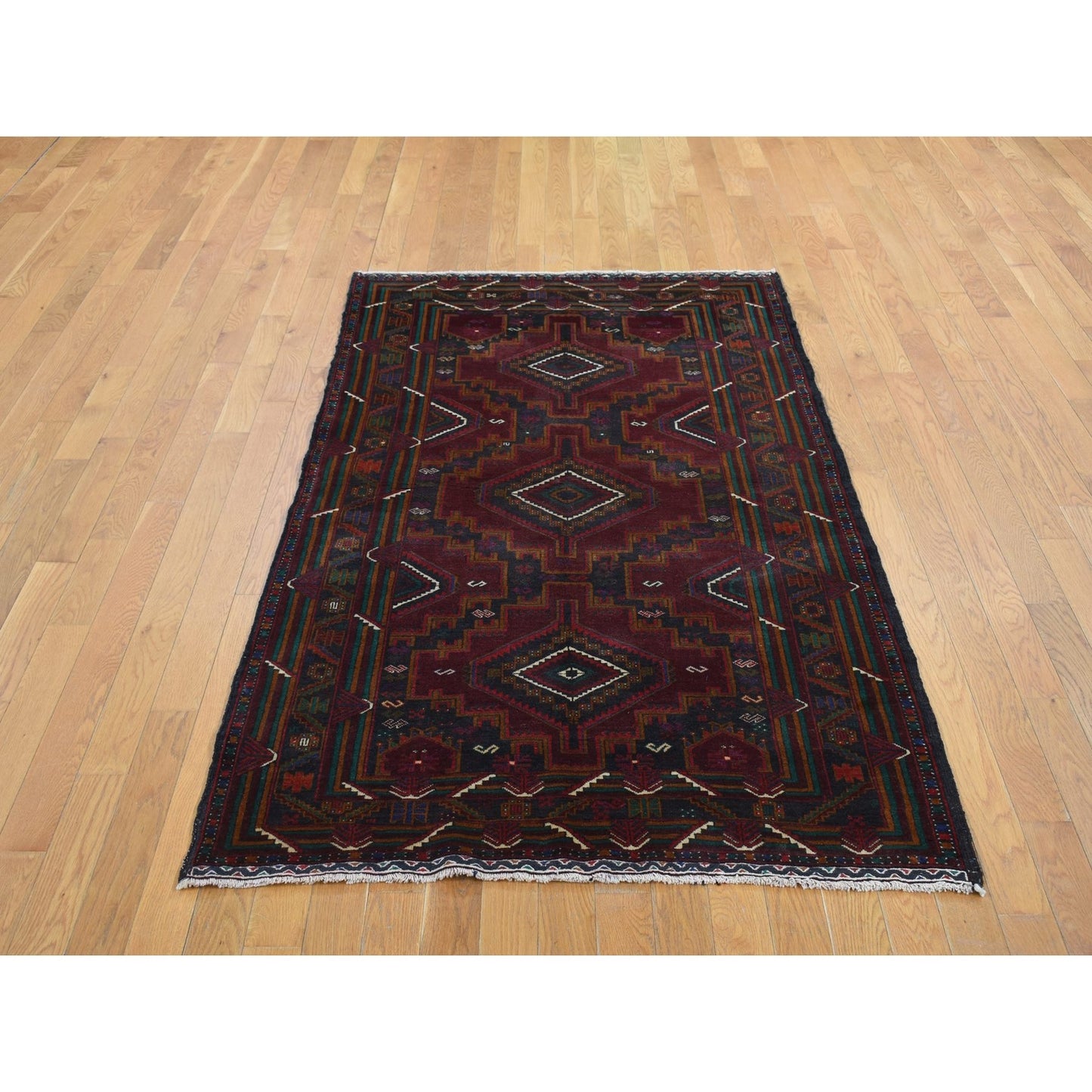 3'10"X7' Red Afghan Balooch Geometric Design Pure Wool Hand Knotted Rug
