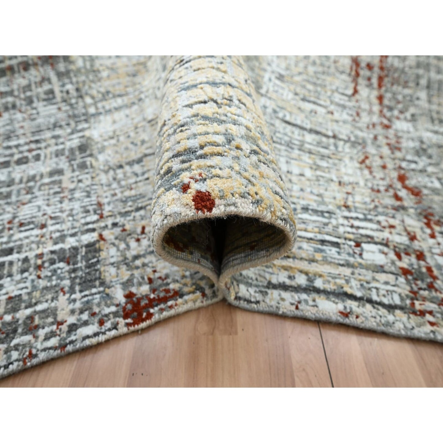 9'X12'3" Anchor Gray With Beige Abstract Design All Wool Hand Knotted Rug