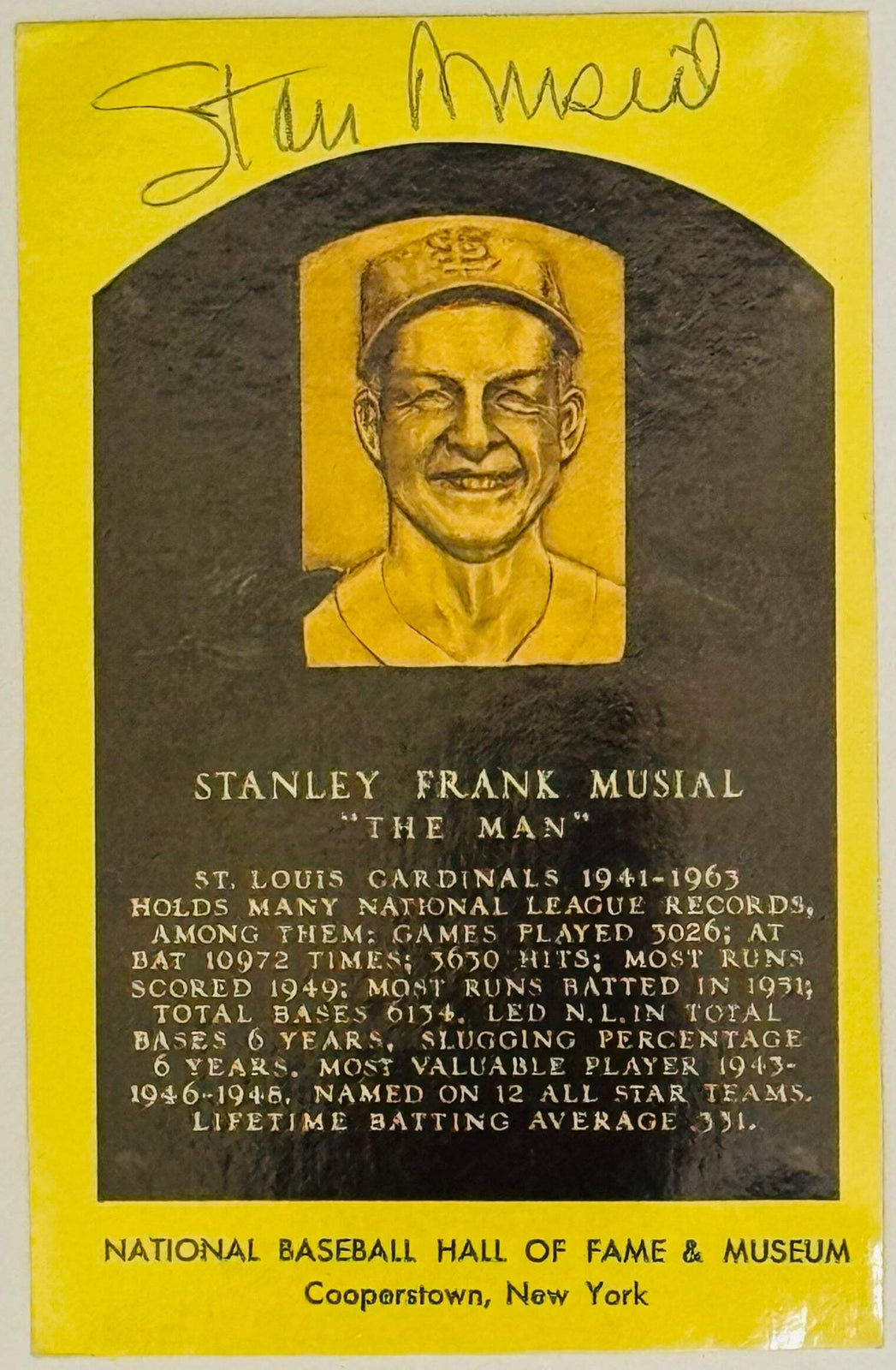 Stan Musial Autographed Hall Of Fame Plaque Postcard