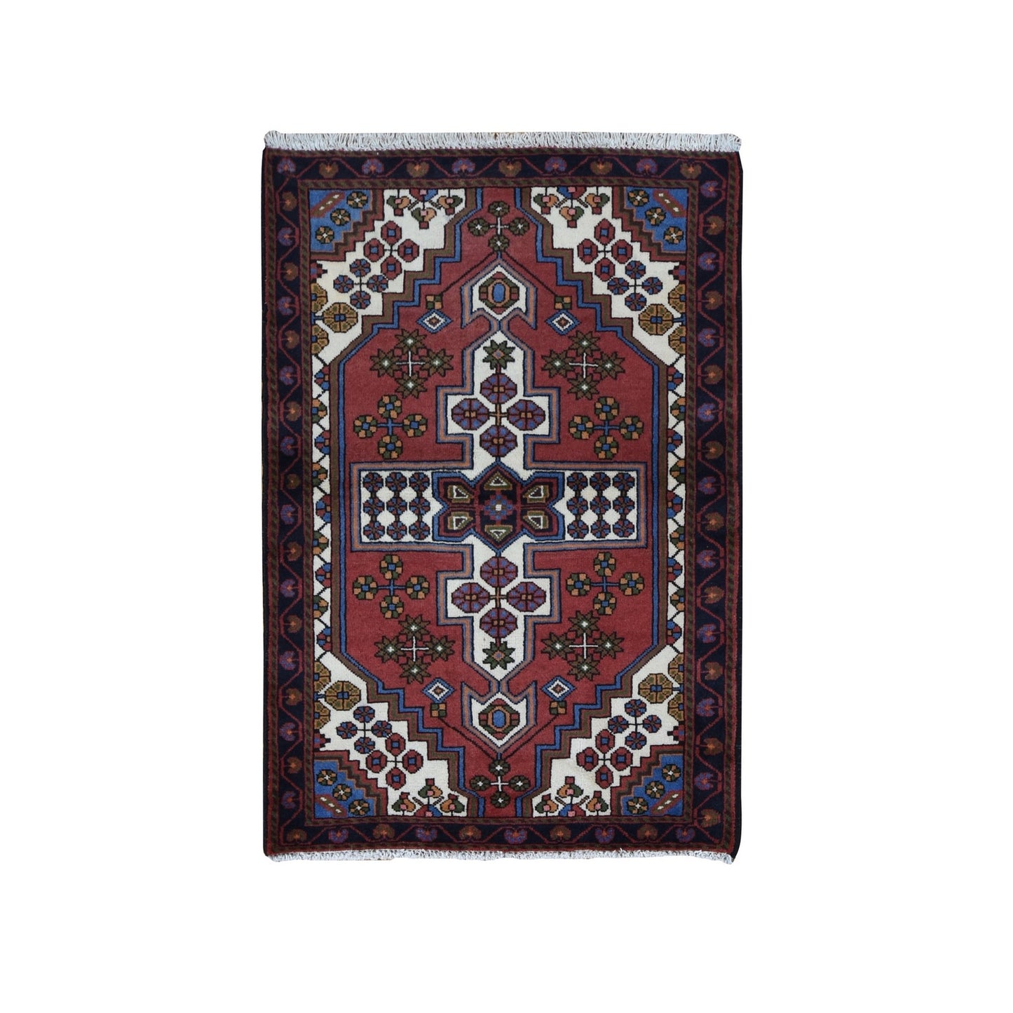 3'5"X5' Red Vintage Bohemian Zoroastrian Khamadan Wool Hand Knotted Rug