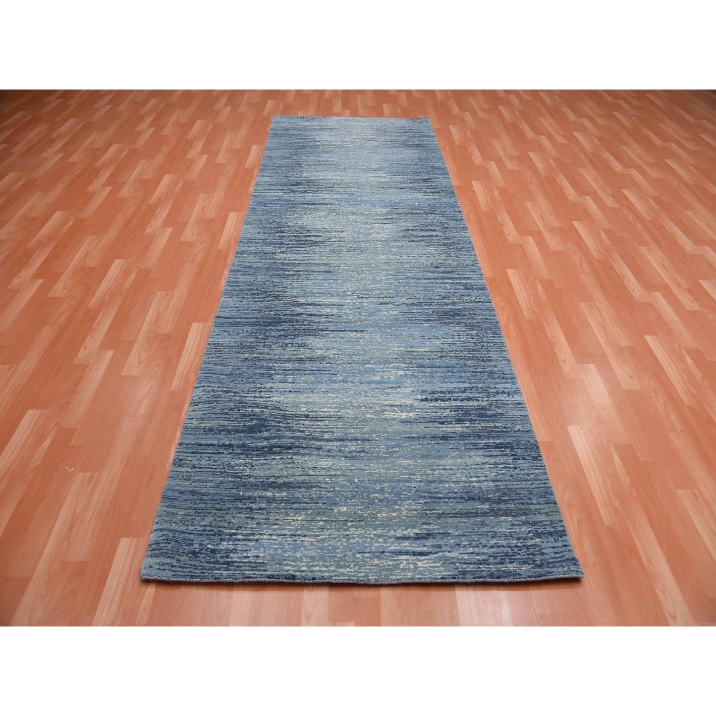 4'1"X12'2"Blue Ivory Hand Knotted Wool Horizontal Ombre Design Runner Rug