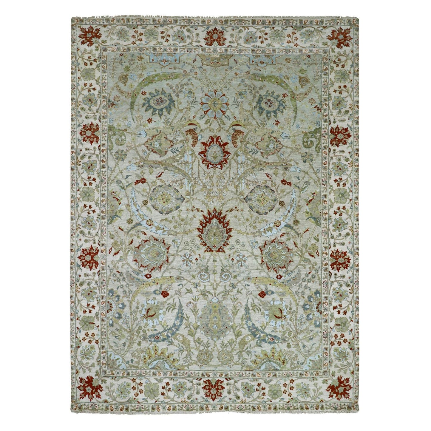9'1"X12'3" Pelican Gray Sickle Leaf Design Hand Knotted Pure Wool Rug