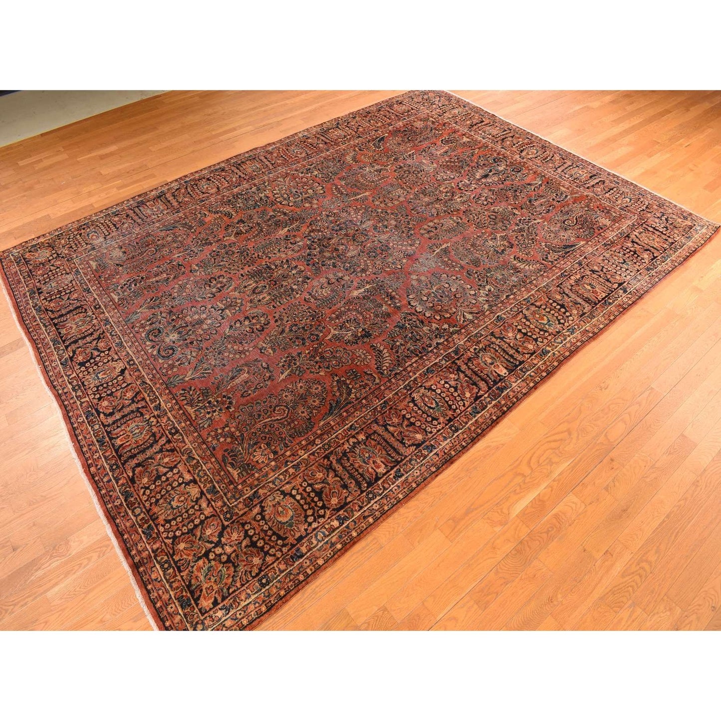 10'X13'4" Red Antique Zoroastrian Saroogh Worn Down Wool Hand Knotted Rug