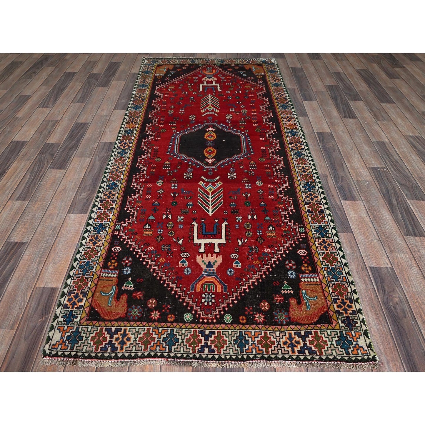 3'5"X8'2" Red Vintage Zoroastrian Sheeraz Hand Knotted Pure Wool Runner Rug