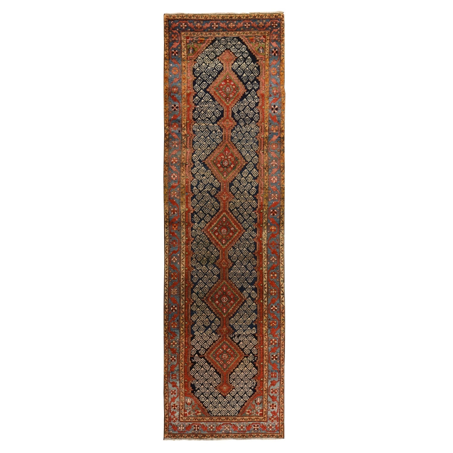 3'5"X12'6" Blue Antique Zoroastrian Malayer Wool Hand Knotted Runner Rug