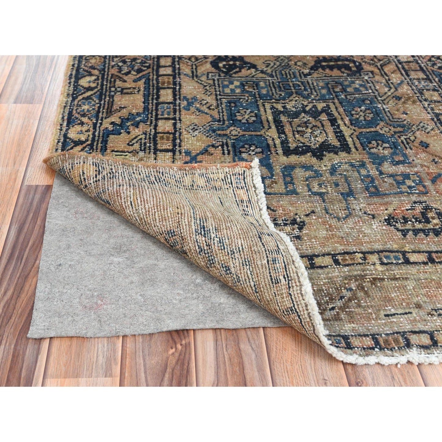 3'5"X10'6" Orange Vintage Farsian Worn Wool Hand Knotted Wide Runner Rug