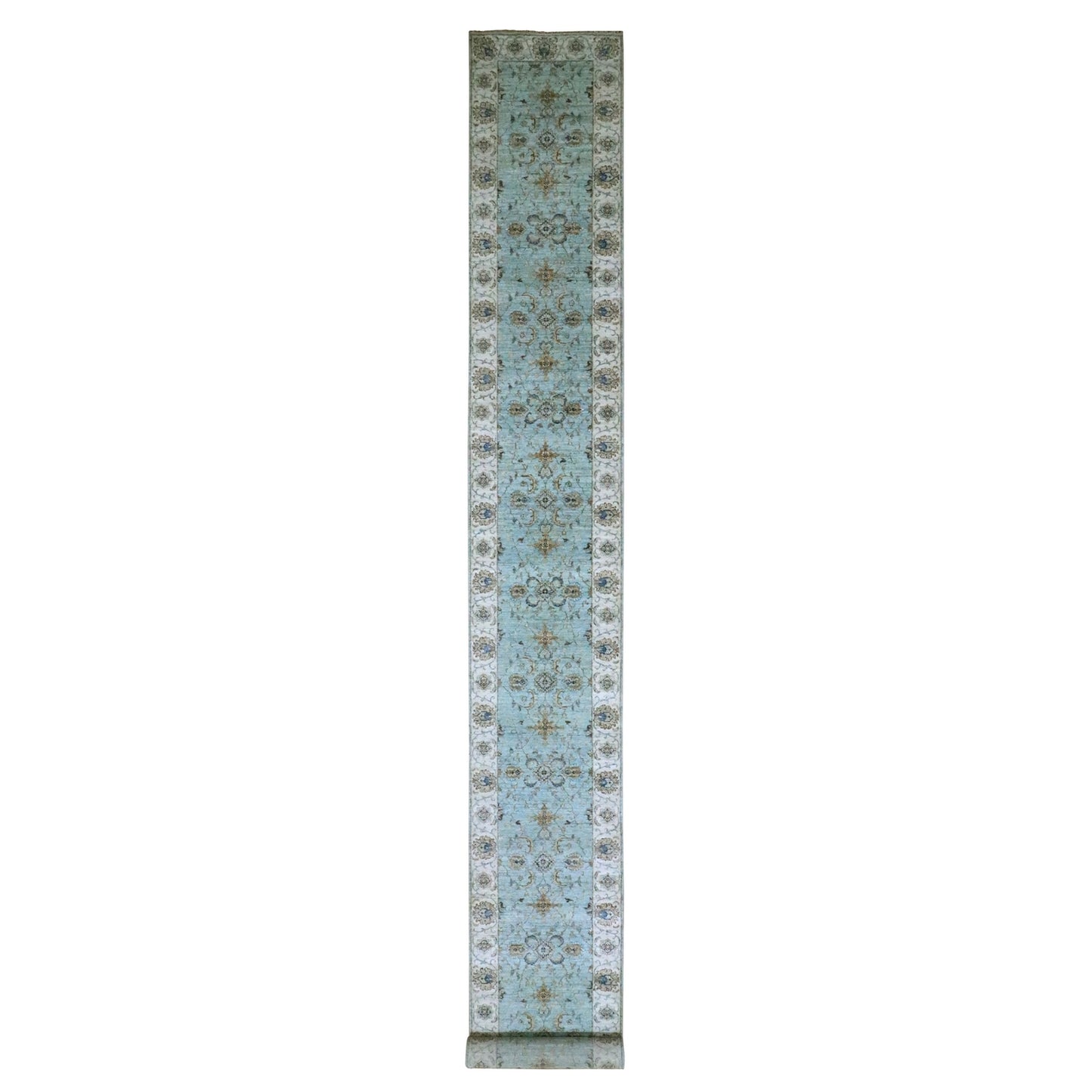 2'7"X22' Sky Blue Hand Knotted Agra Flower Design Pure Wool Xl Runner Rug