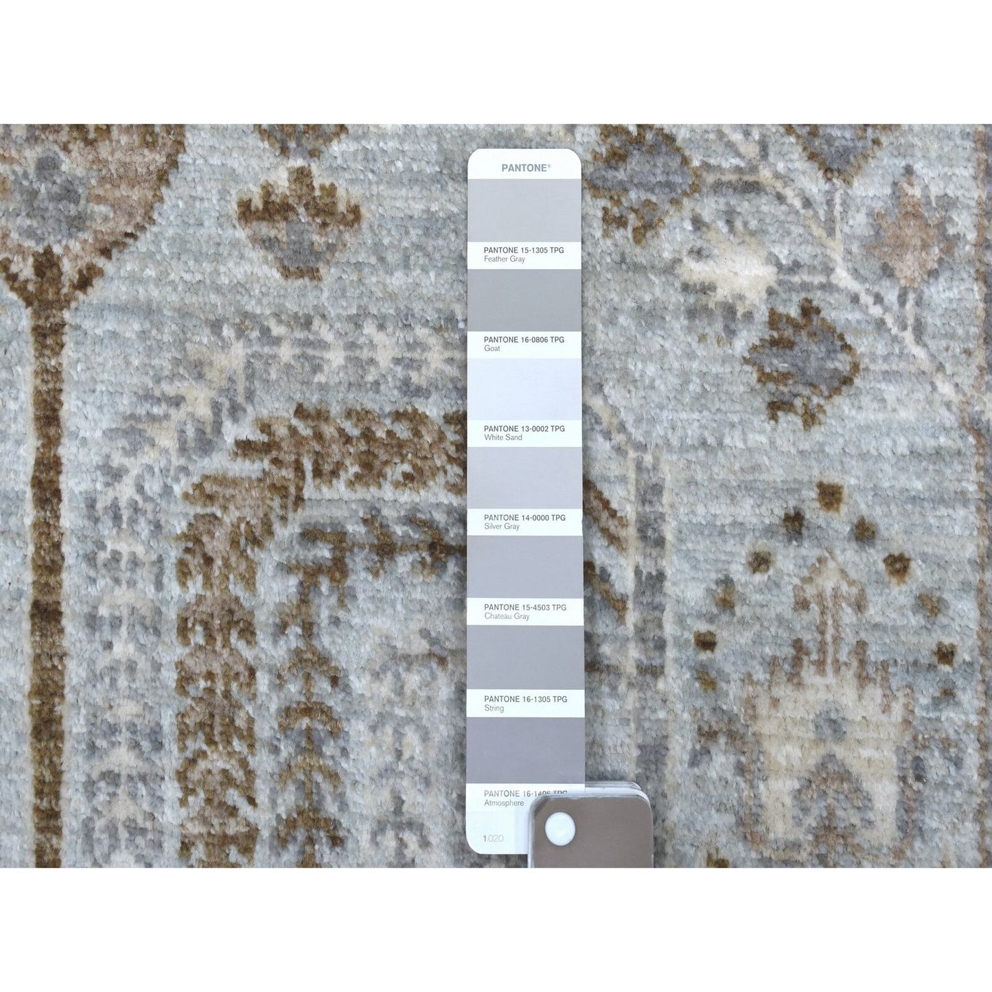 8'3"X8'3" Gray Peshawar With Folk Art Cypress Tree Design Shiny Wool Rug
