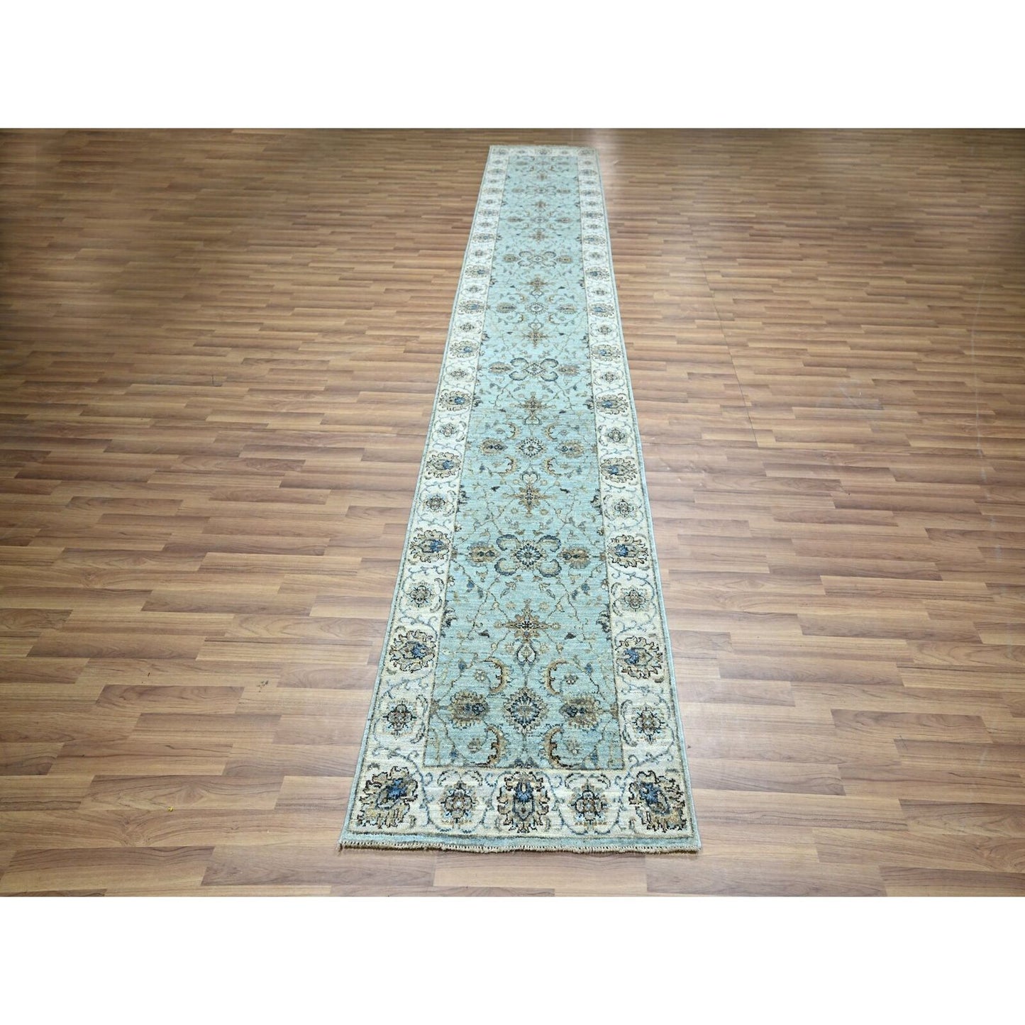 2'7"X14' Sky Blue Agra Flower Vines Design Wool Hand Knotted Runner Rug