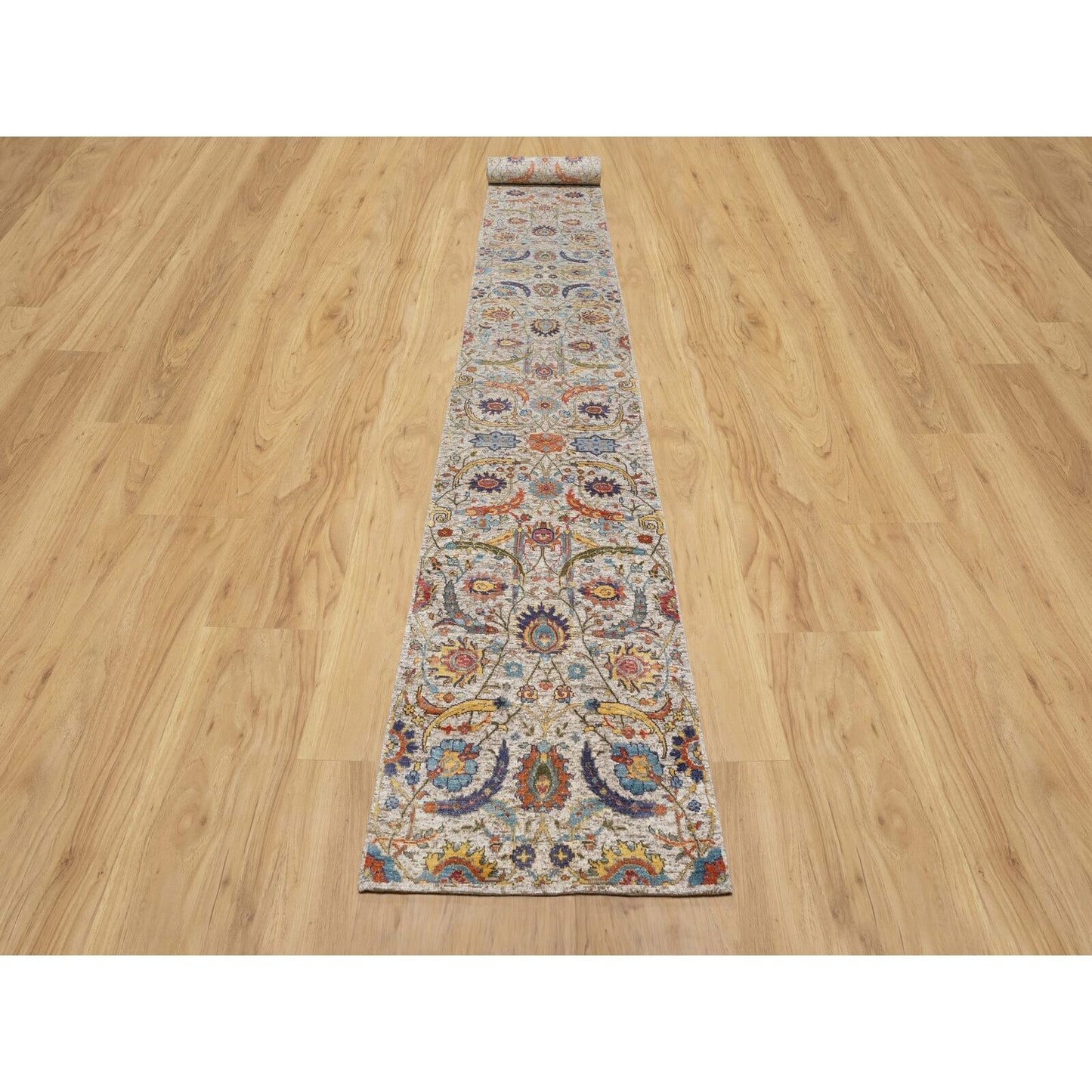 2'7"X22'1" Beige Hand Knotted Silk And Wool Sickle Leaf Xl Runner Rug