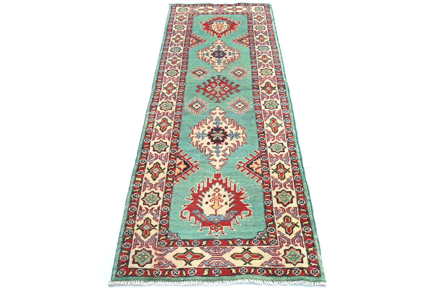 Hand-Knotted Kazak Tribal Runner Rug Geometric