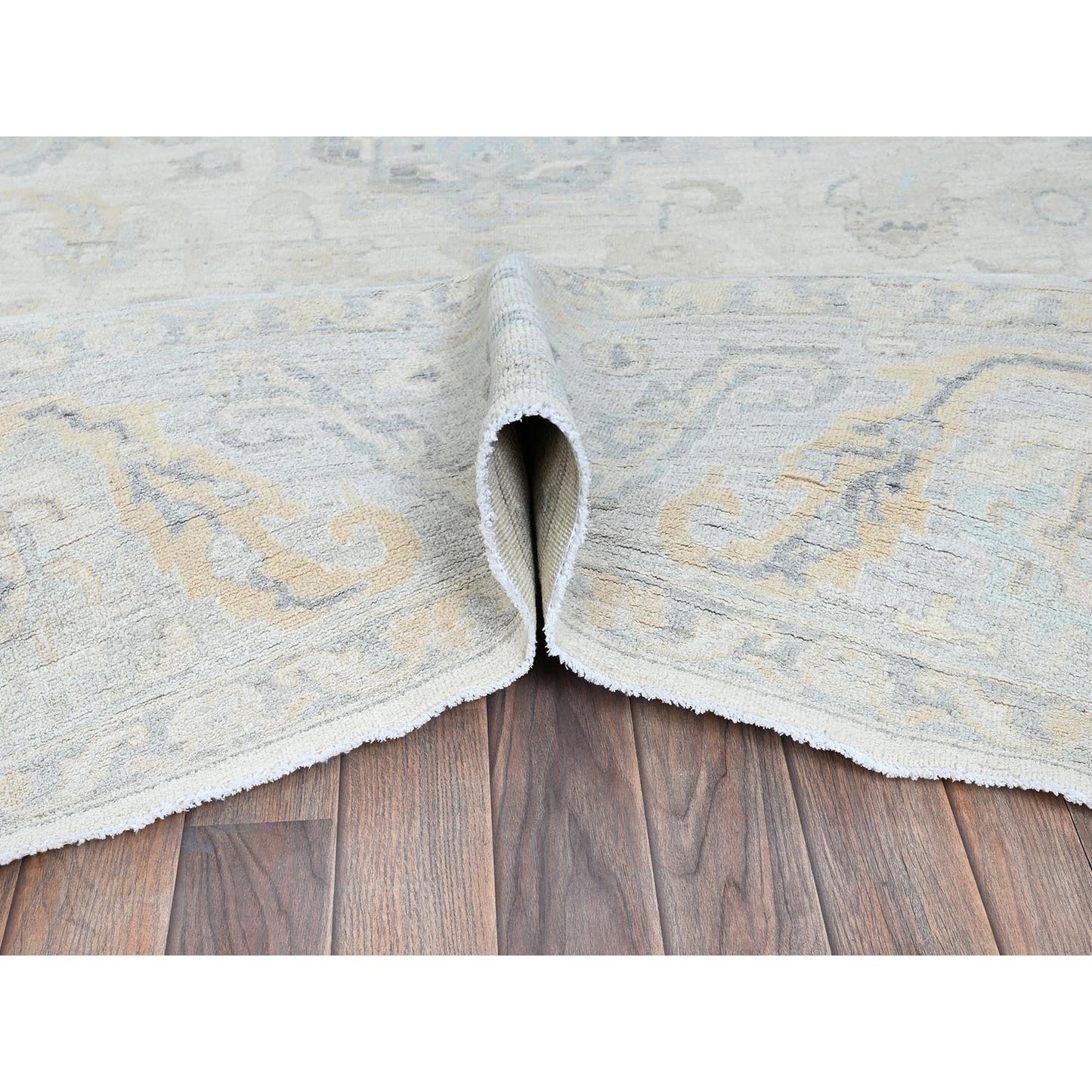 8'2"X10'1" White Wash Peshawar With Leaf Design, Hand Knotted Pure Wool Rug