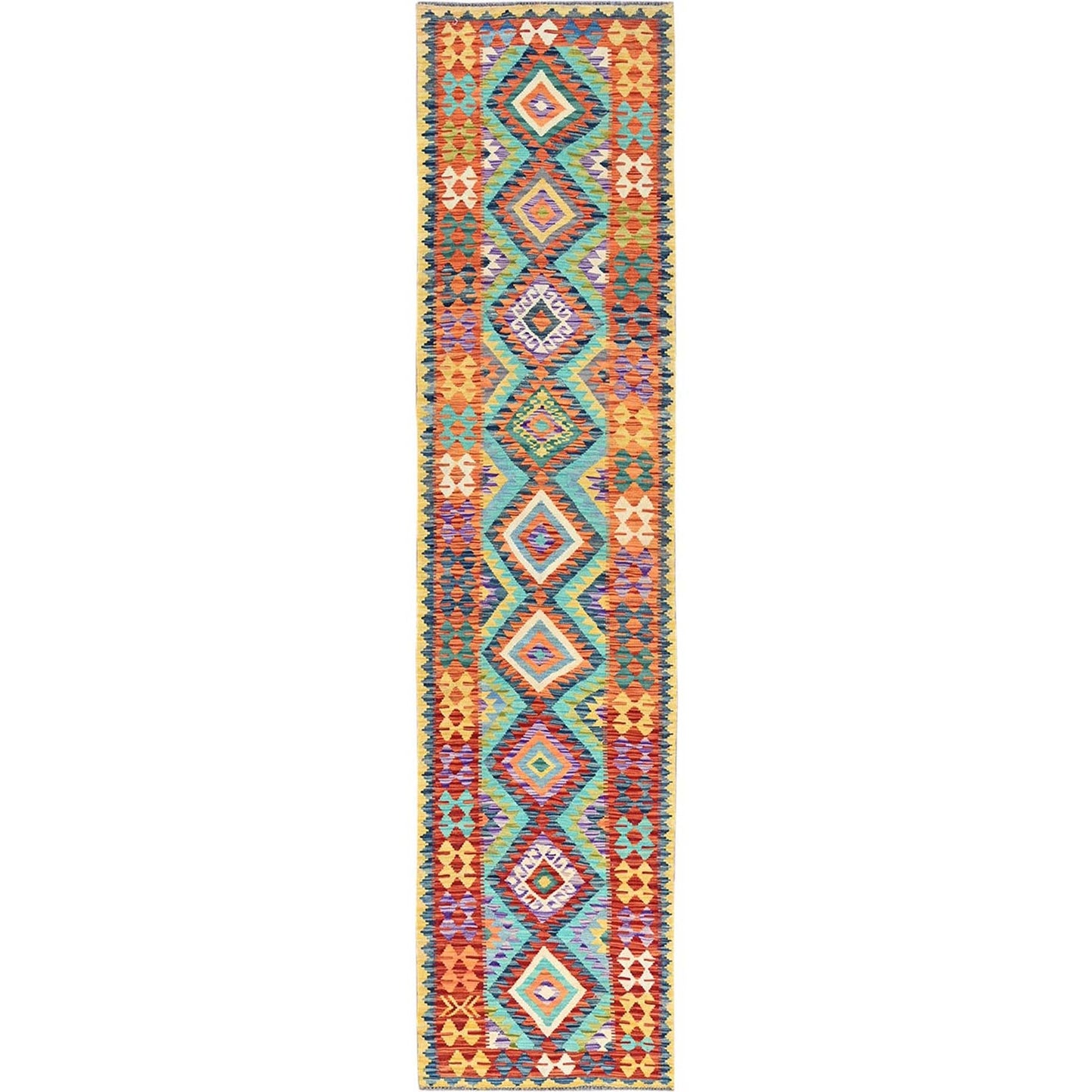 2'9"X12'9" Aqua Blue Flat Weave Afghan Kilim Hand Woven Wool Runner Rug
