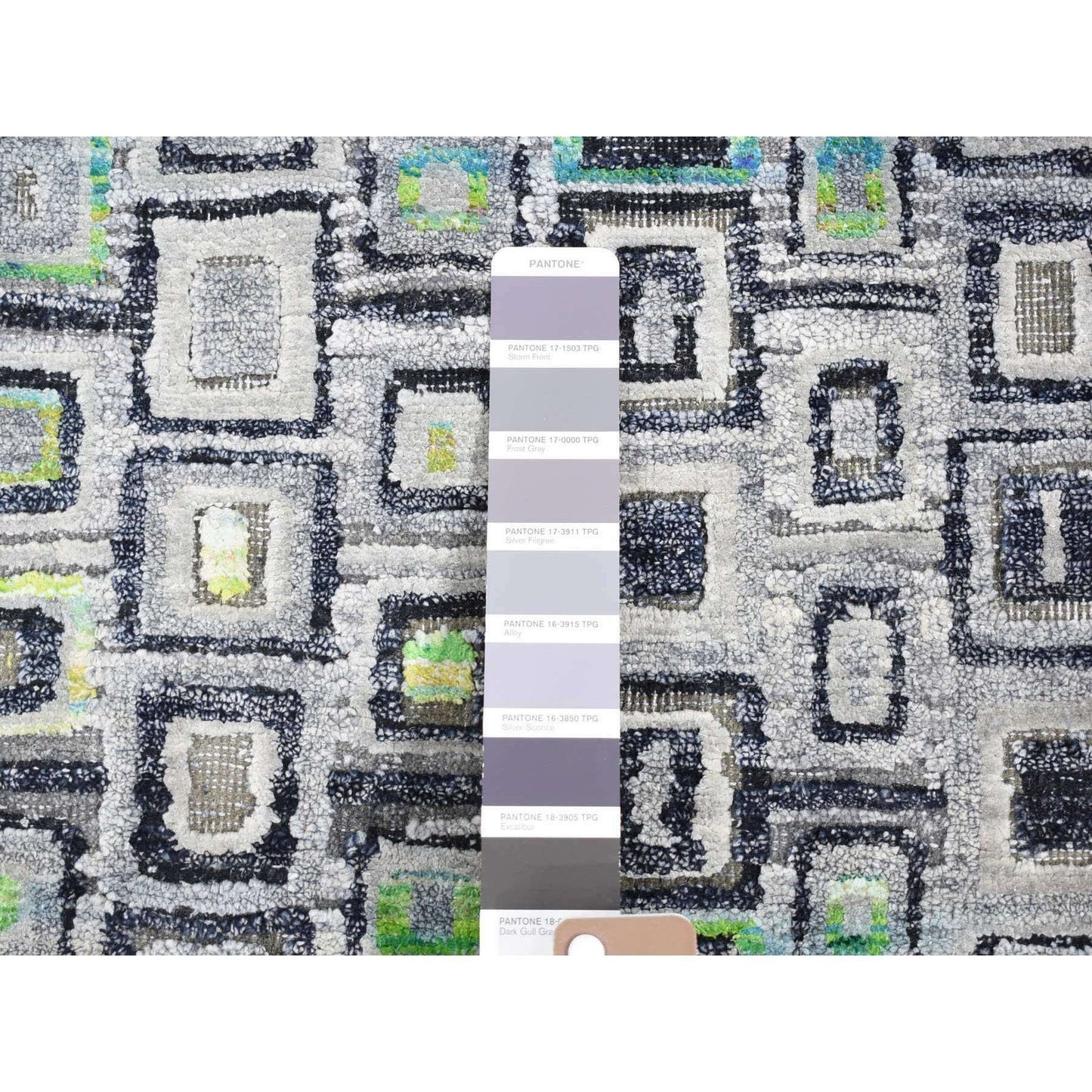 9'X12'3" Gray Silk With Wool Psefas Square Design Hand Knotted Rug
