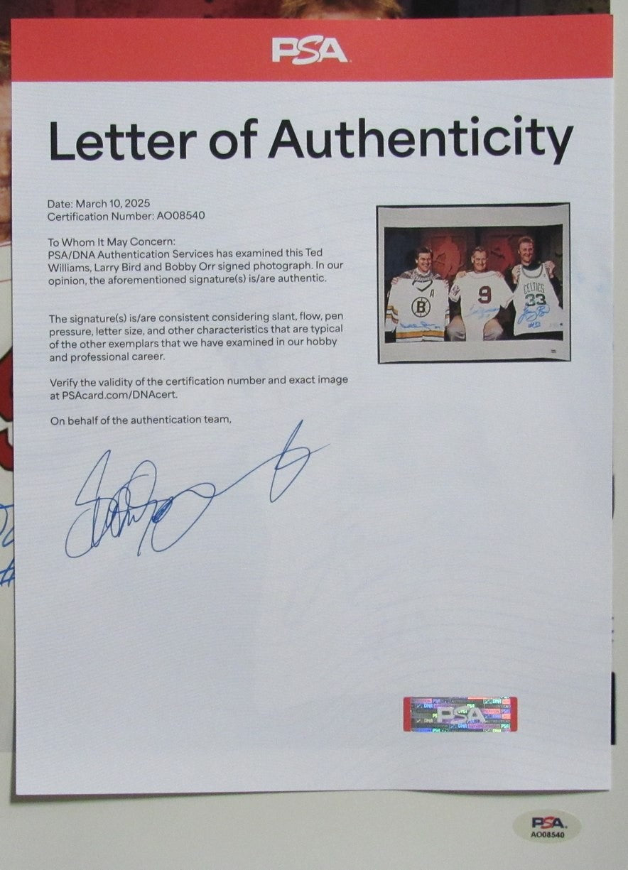 Bobby Orr/Ted Williams/Larry Bird Signed Boys Of Boston 16X20 Photo Psa/Dna 5331