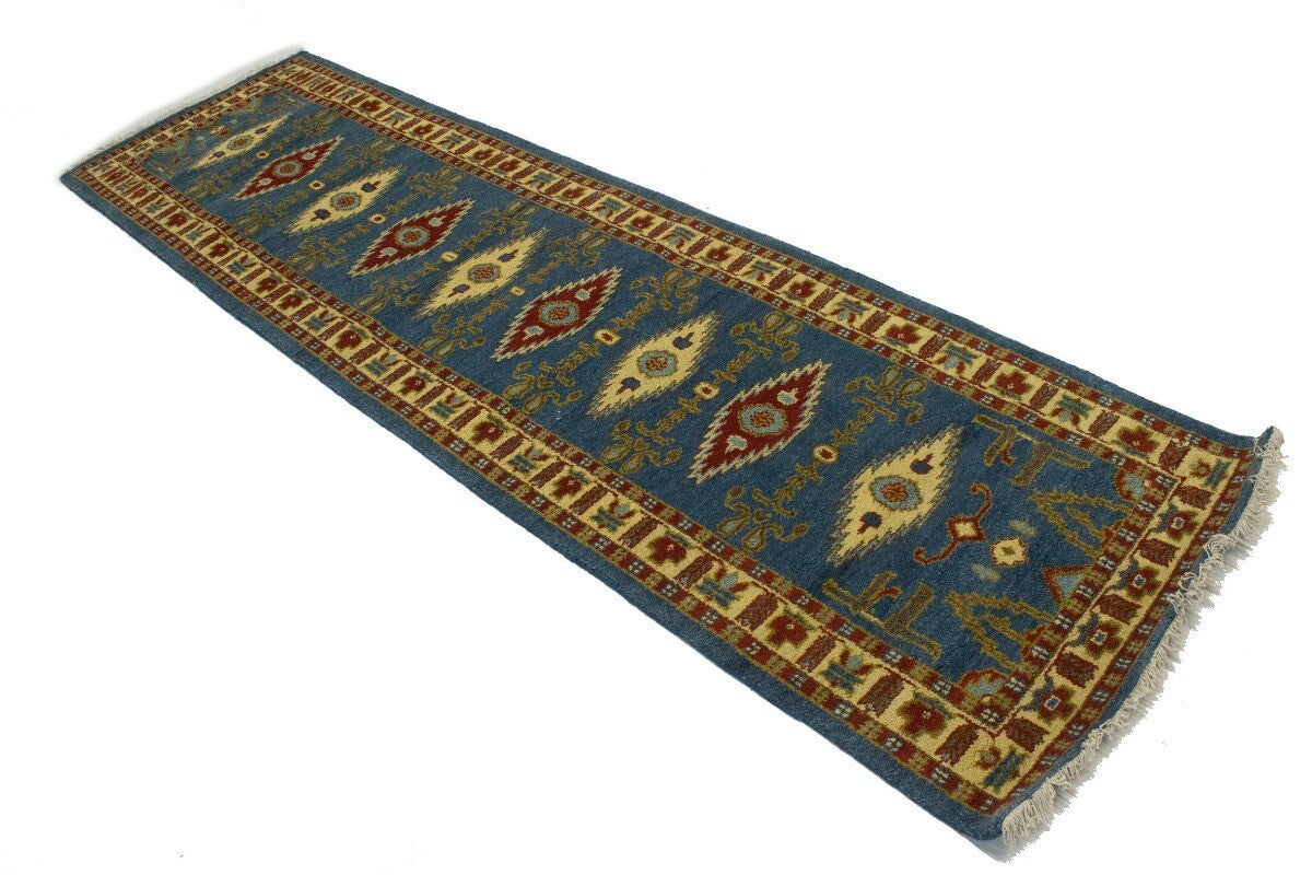 3X10 Ft Handmade Kazak Runner Rug Blue Geometric