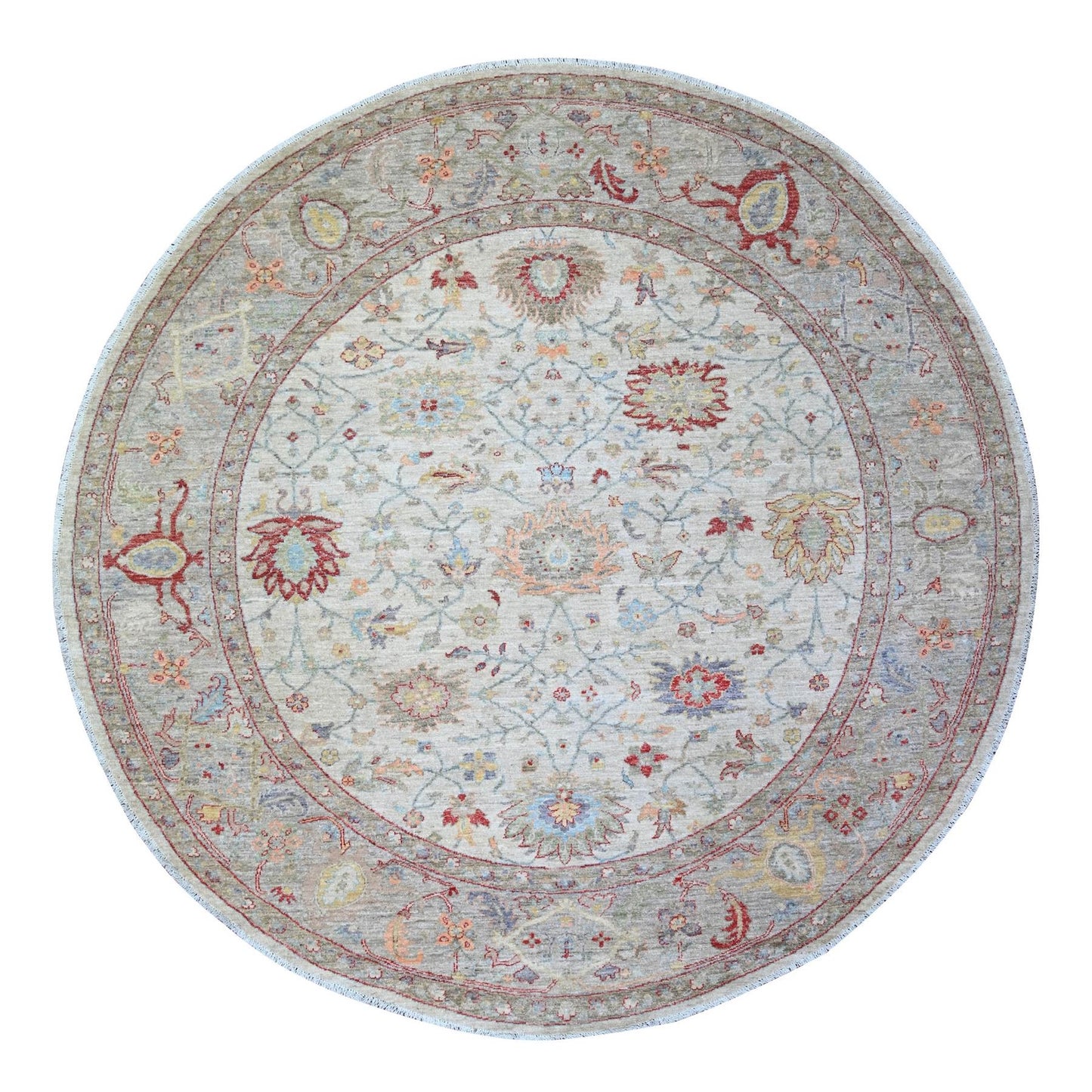 8'X8' Ivory Ziegler Mahal Hand Knotted Pure Wool Round Oriental Rug