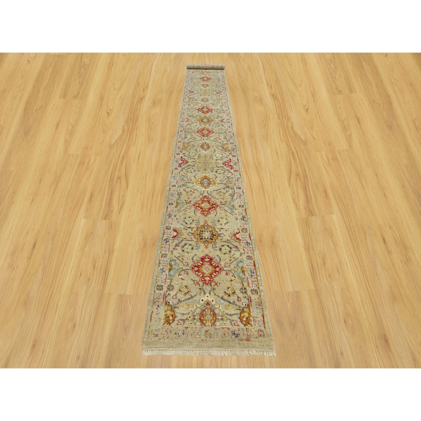 2'9"X18' Beige Wool And Silk Sunset Hand Knotted Runner Oriental Rug