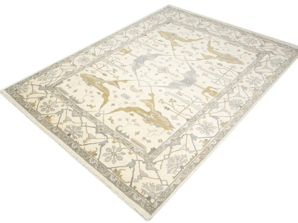 Hand-Knotted Oushak Oriental Rug Floral Dining
