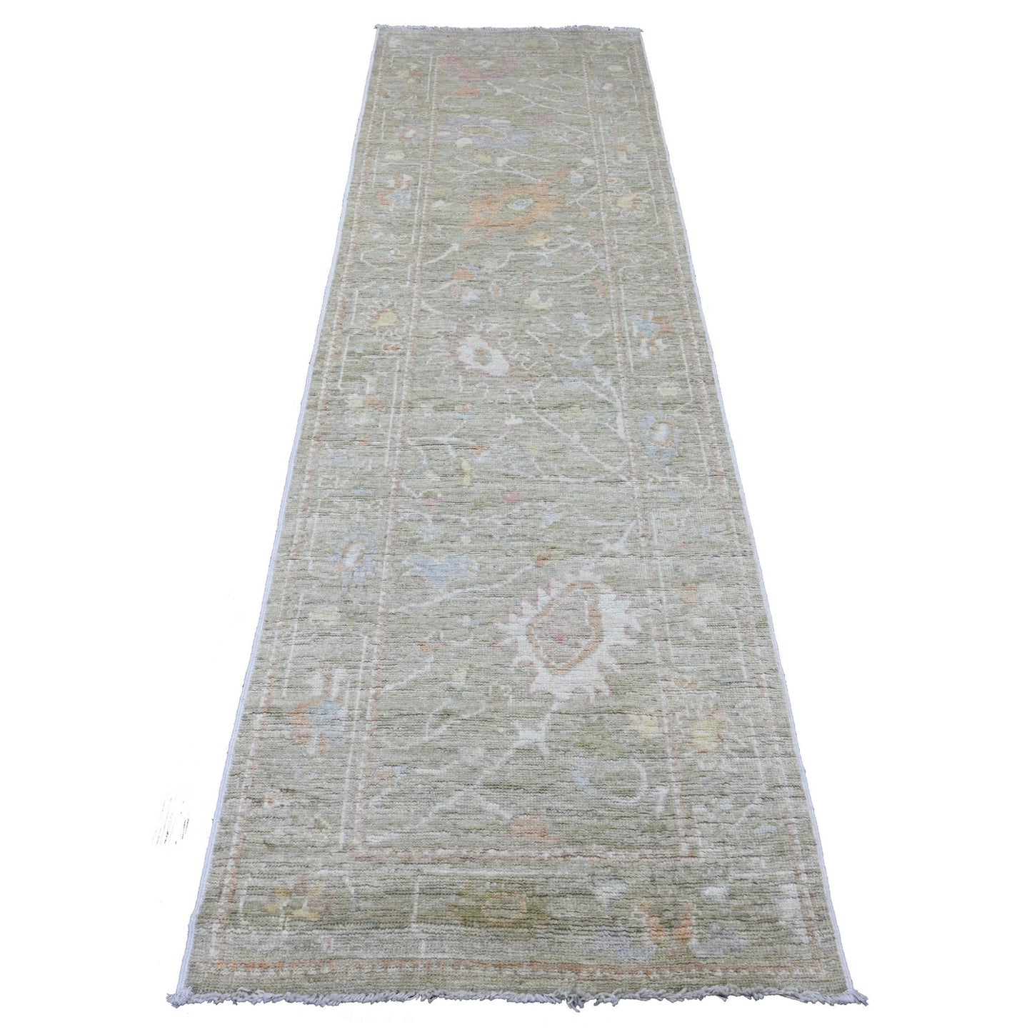 2'9"X10' Green Angora Oushak Leaf Design All Wool Hand Knotted Runner Rug