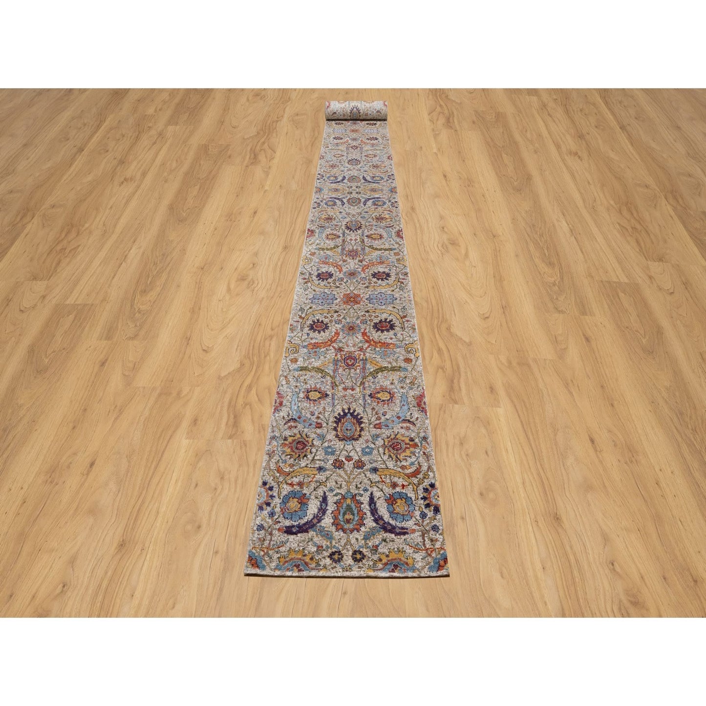 2'5"X26' White Silk With Wool Hand Knotted Sickle Leaf Design Runner Rug