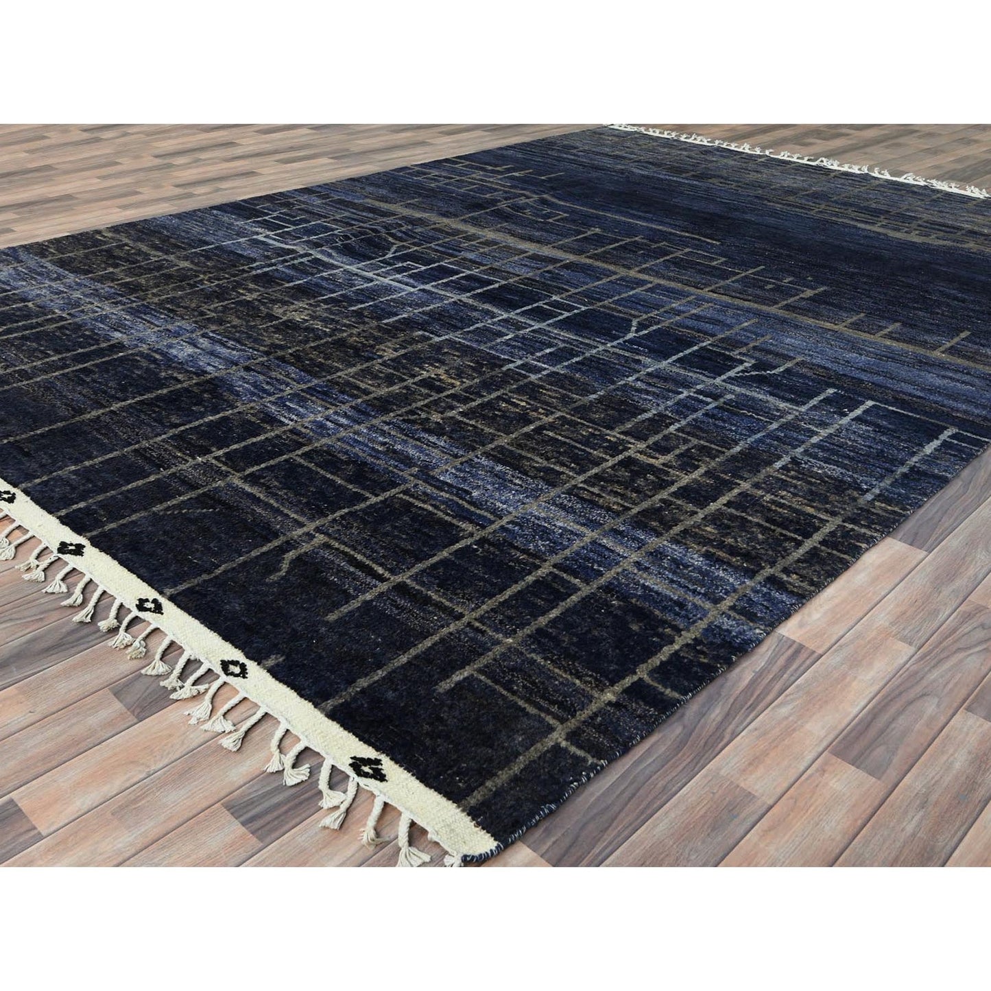 9'X12'5" Blue Hand Knotted Ben Ourain Moroccan Berber Soft Wool Rug