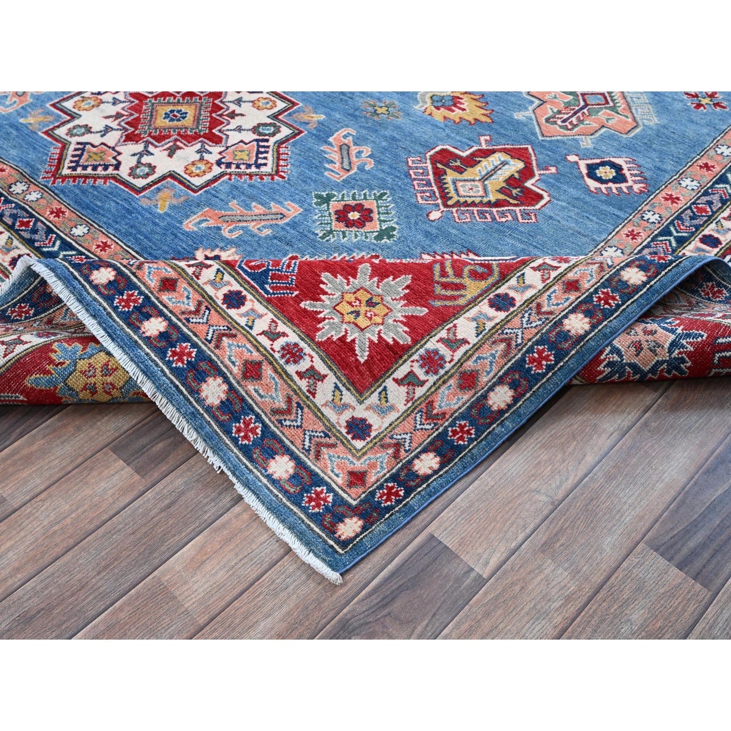 8'10"X11'8" Blue Kazak With Geometric Design Hand Knotted Soft Wool Rug