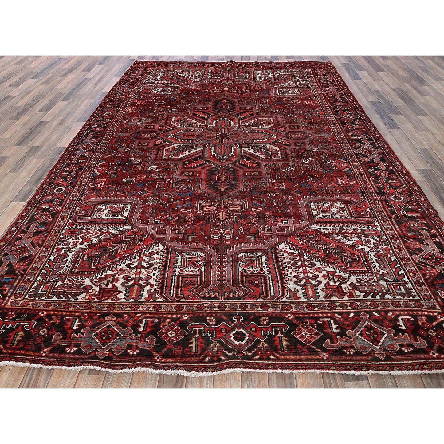 7'7"X10'9" Red Vintage Zoroastrian Heris Worn Down Hand Knotted Wool Rug