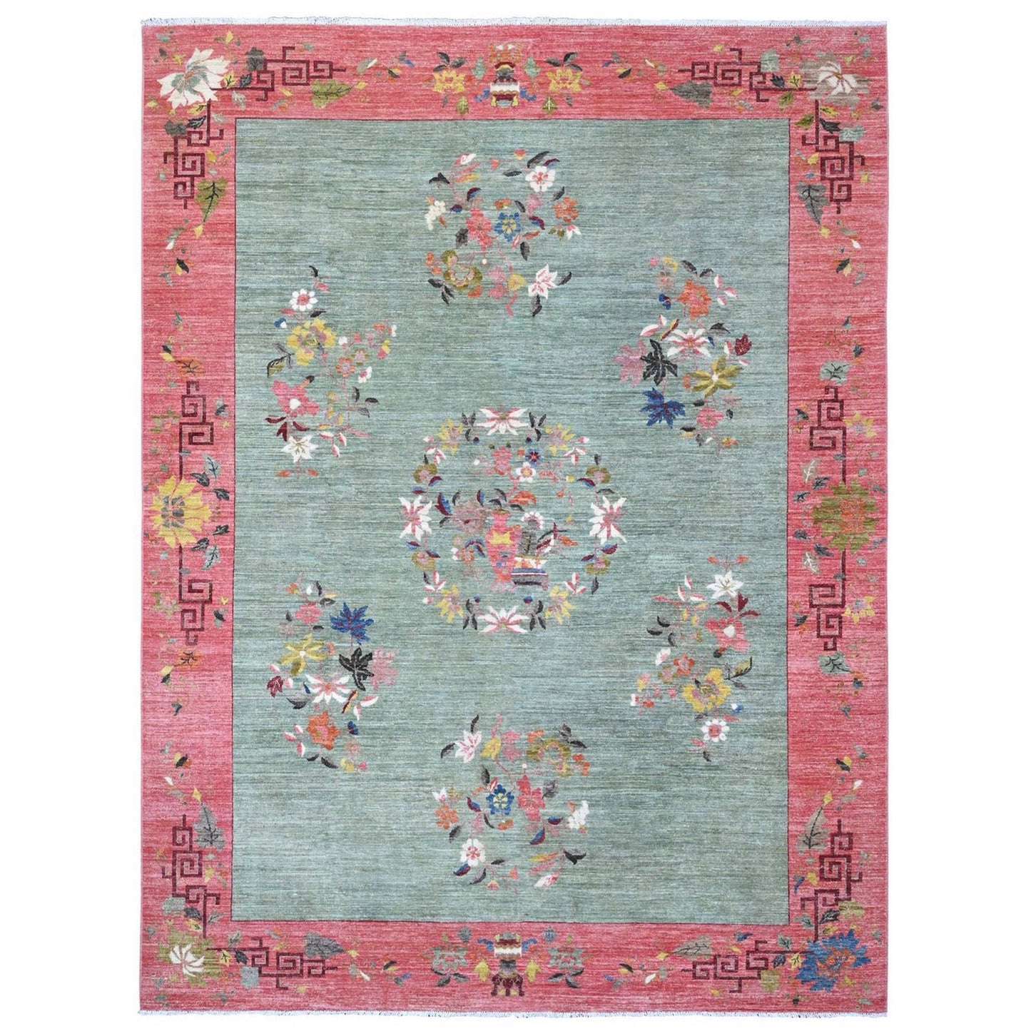 9'X11'9" Green Chinese Art Deco Revival Hand Knotted Pure Wool Rug
