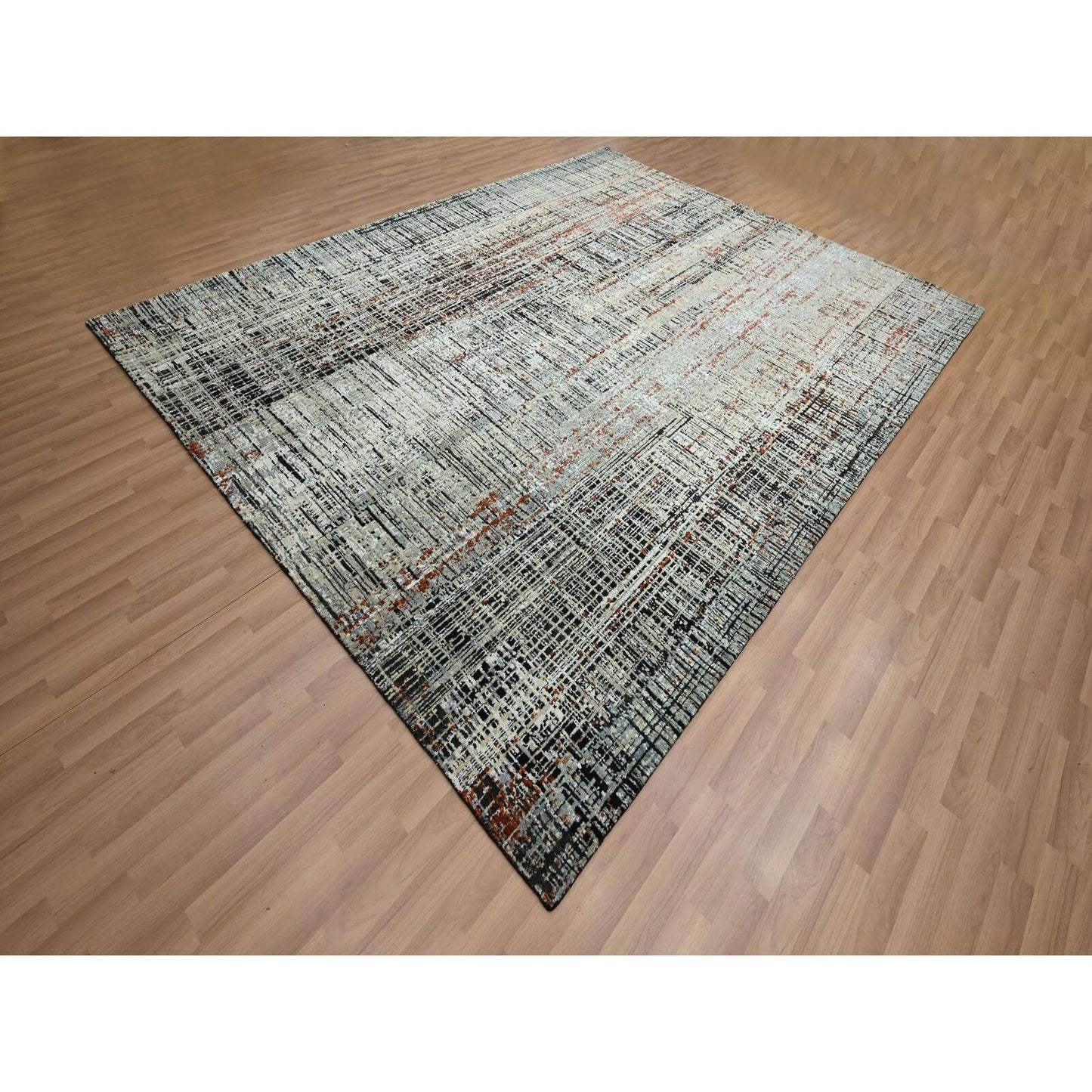 8'X10'3" Black With Beige Abstract Galaxy Design Wool Hand Knotted Rug