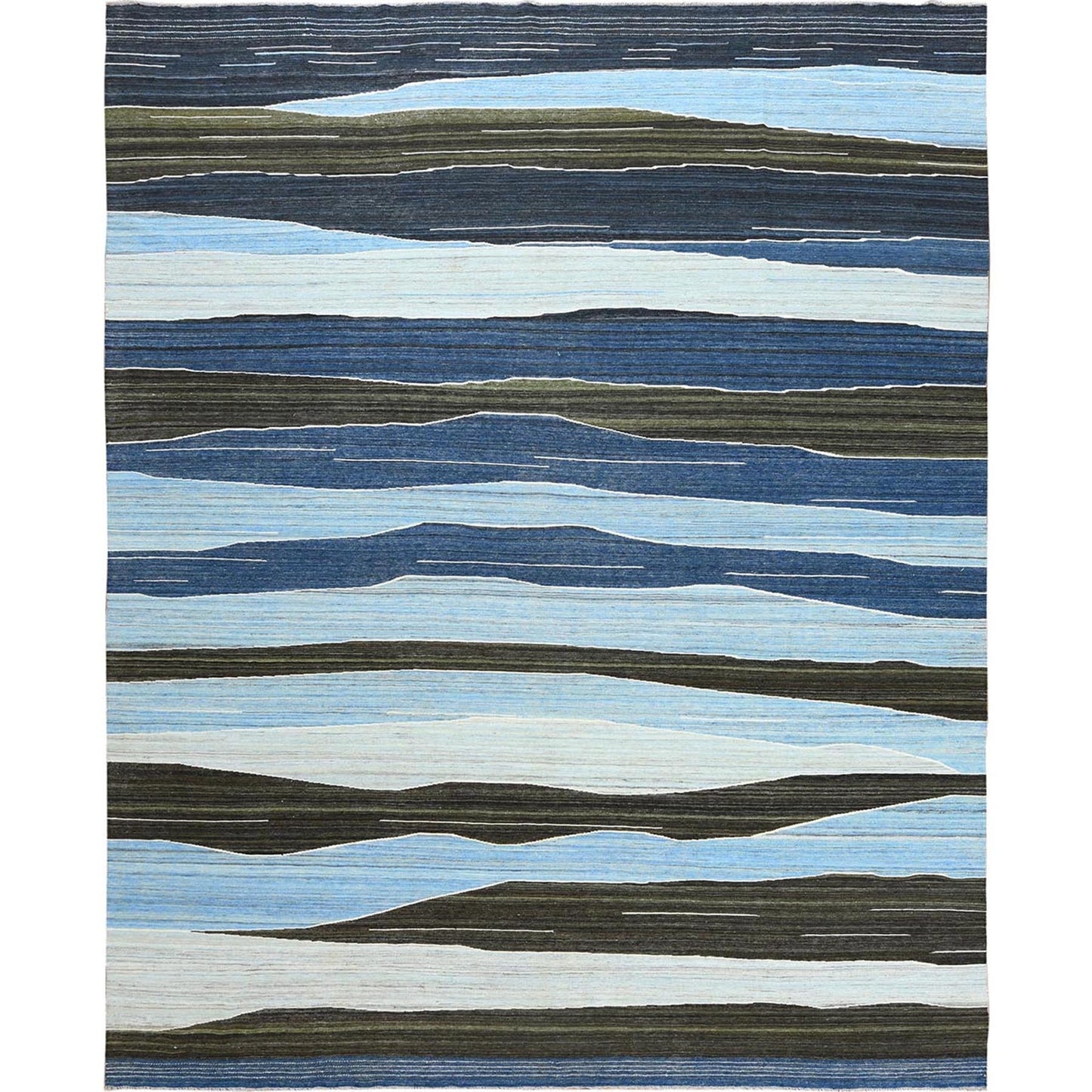 12'5"X15' Hand Woven Brown And Blue Mountain Design Flat Weave Kilim Rug