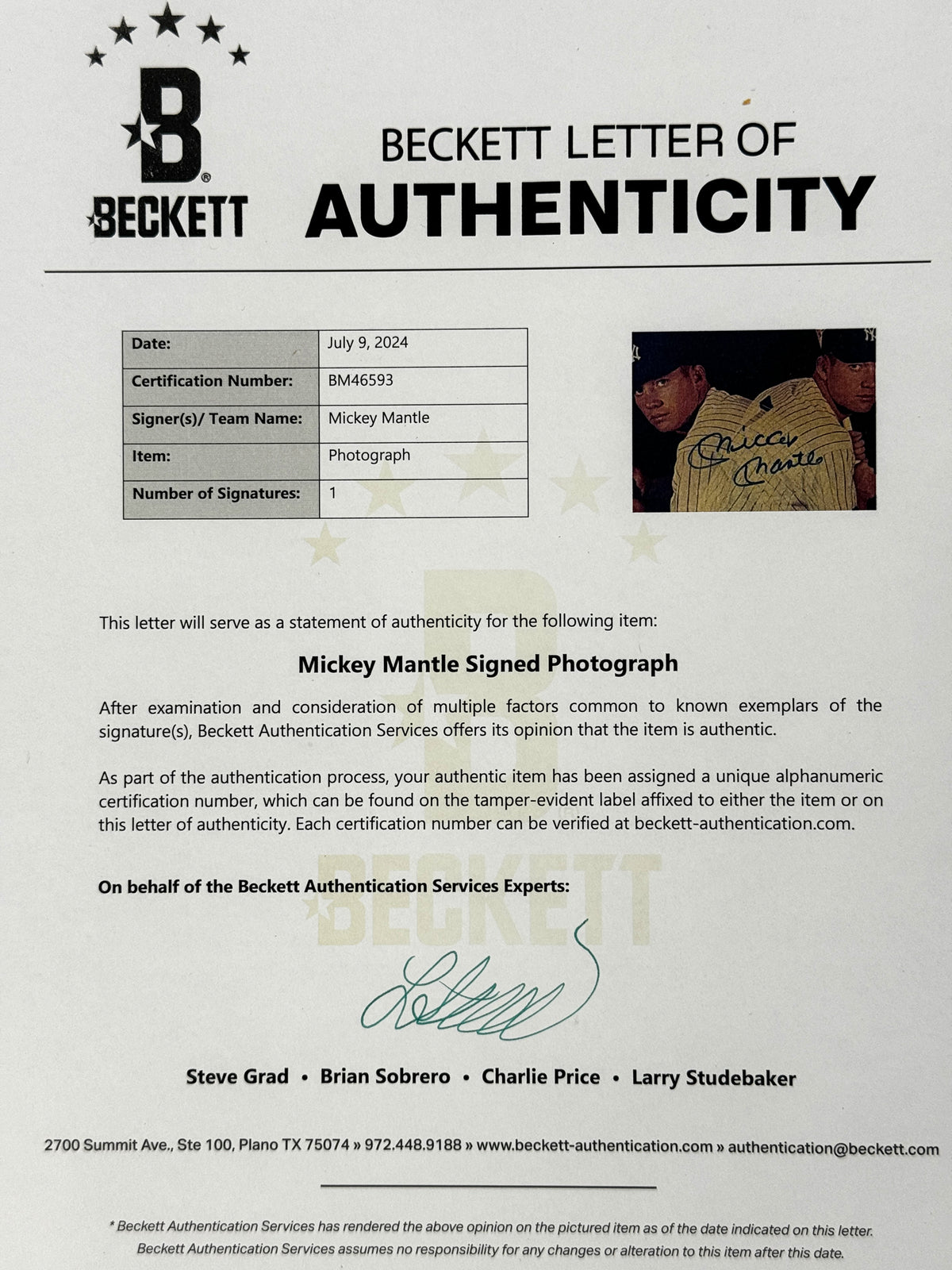 Mickey Mantle Hof Signed/Autographed 8X10 Photo