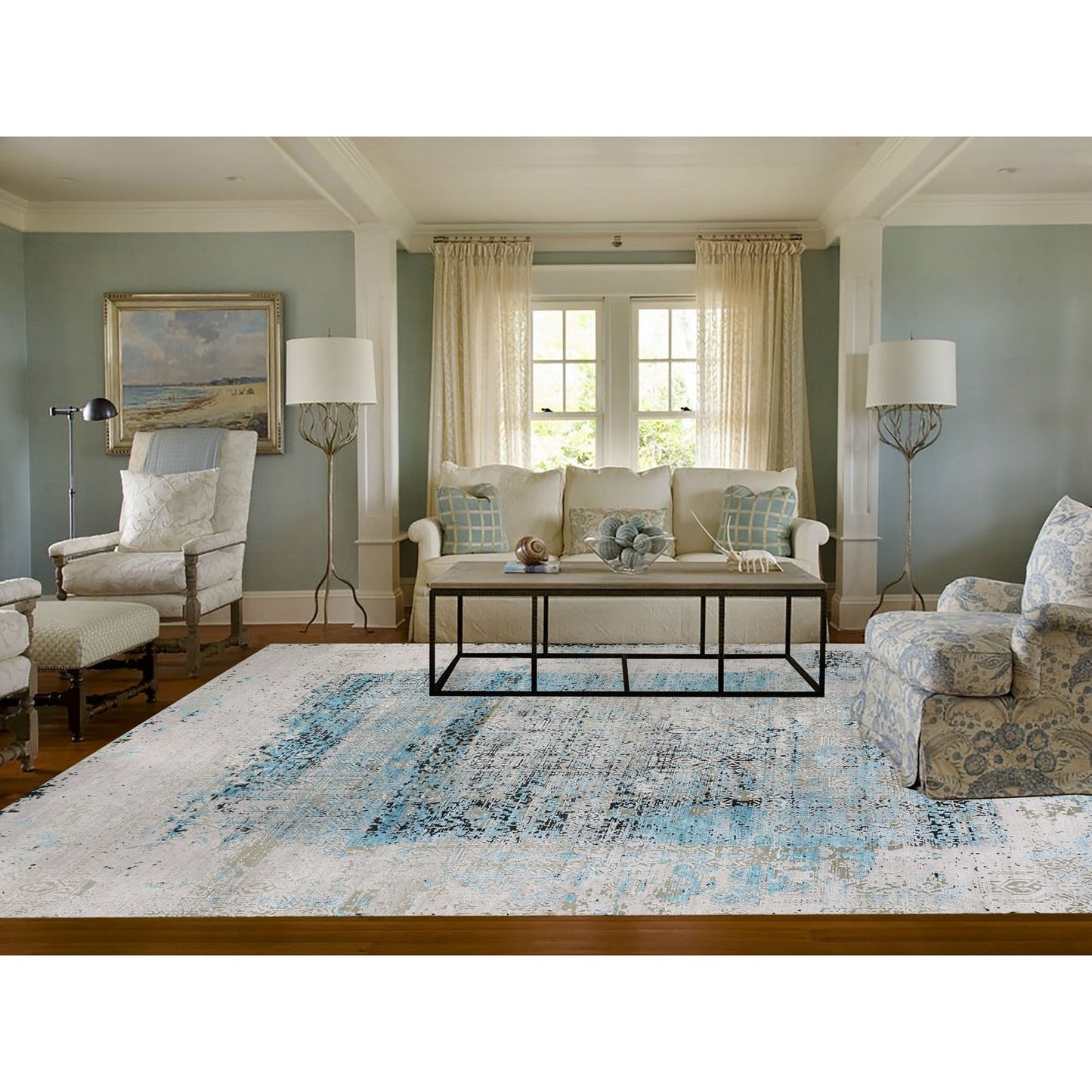 8'9"X11'10" Teal Blue Jewellery Design Silk With Textured Wool Rug