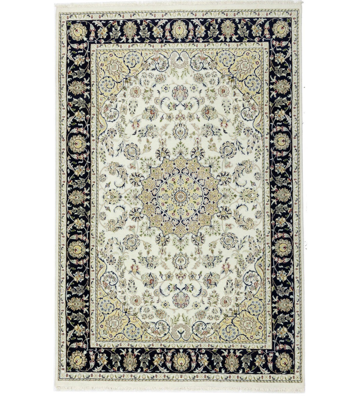 Hand-Knotted Indo-Nain Floral Medallion Rug