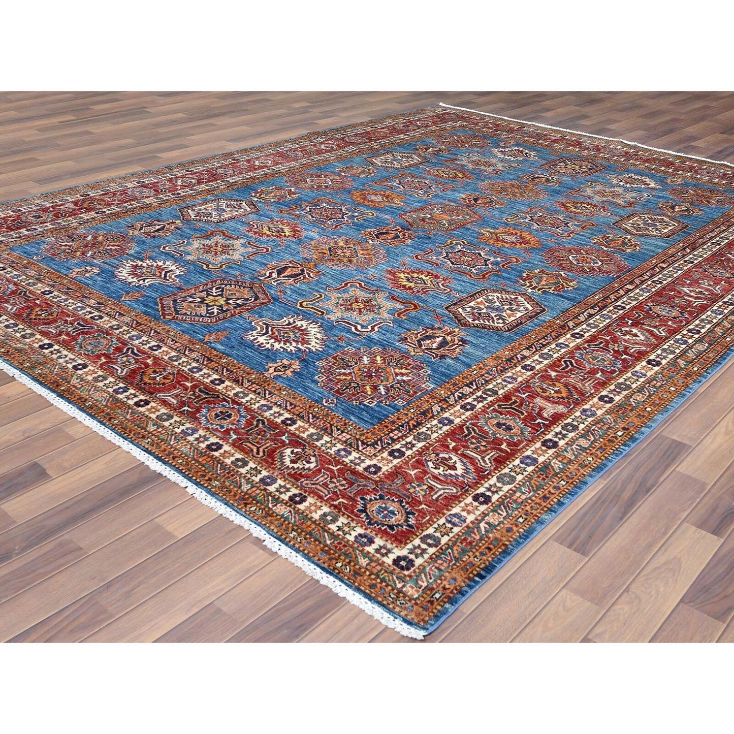 9'2"X11'10" Denim Blue Caucasian Design Super Kazak Wool Hand Knotted Rug