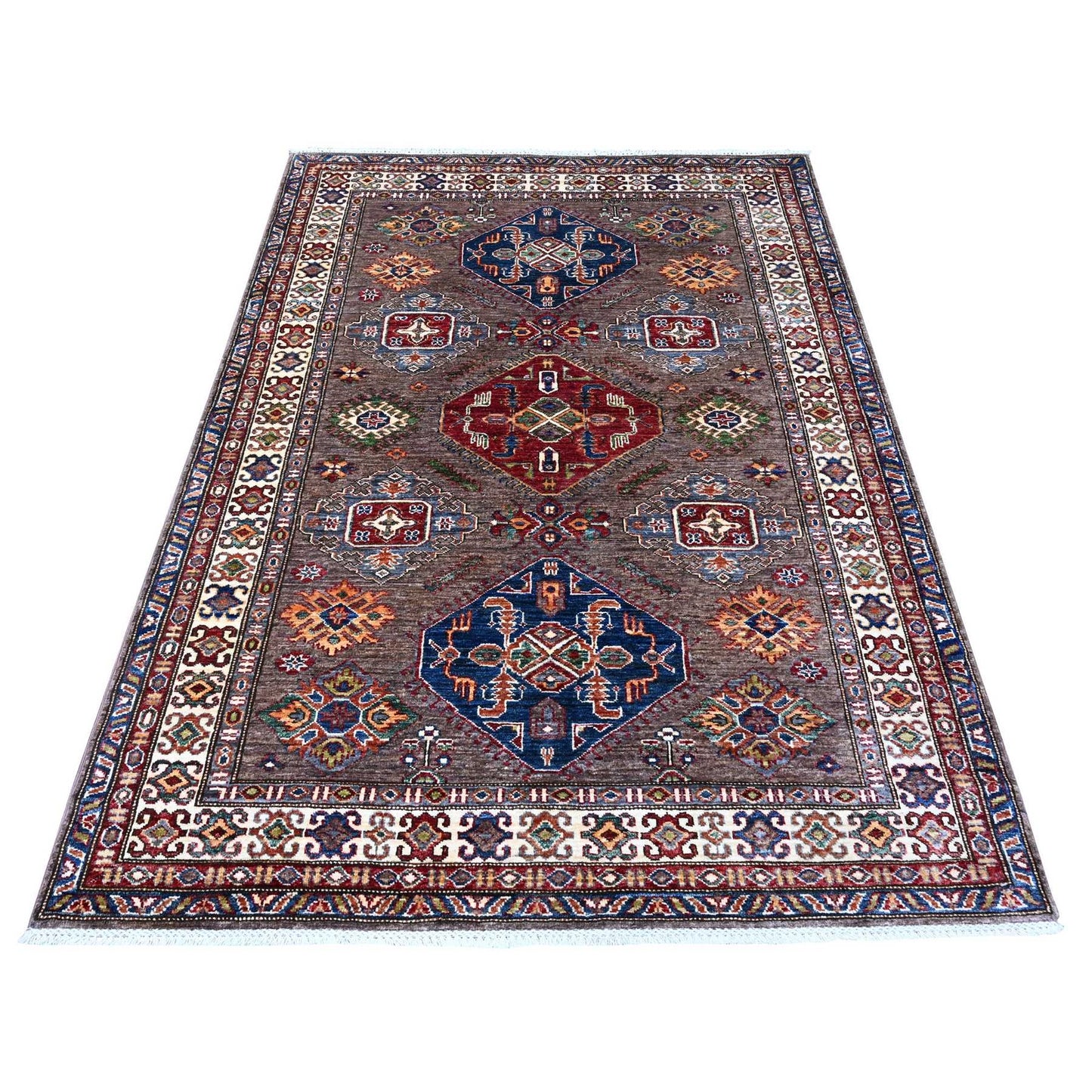 5'1"X6'9" Gray Super Kazak Large Elements Wool Hand Knotted Runner Rug