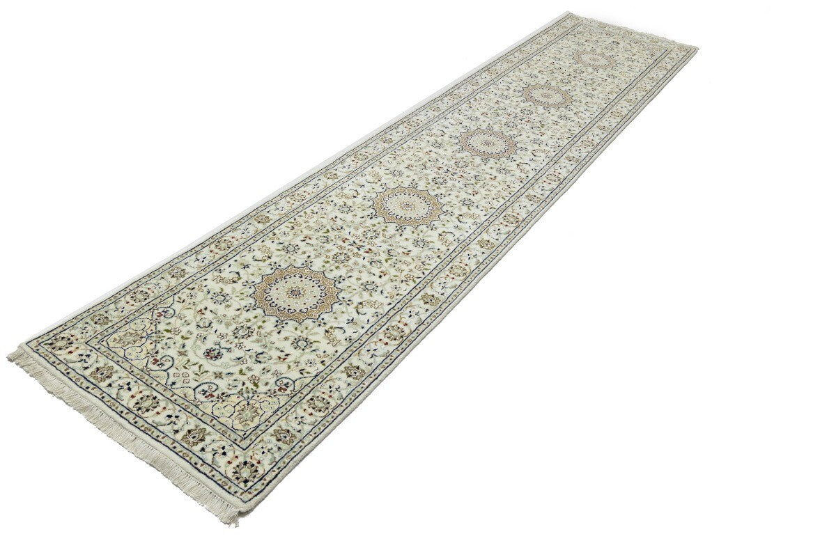 Handmade Indo-Nain Floral Medallion Runner Rug