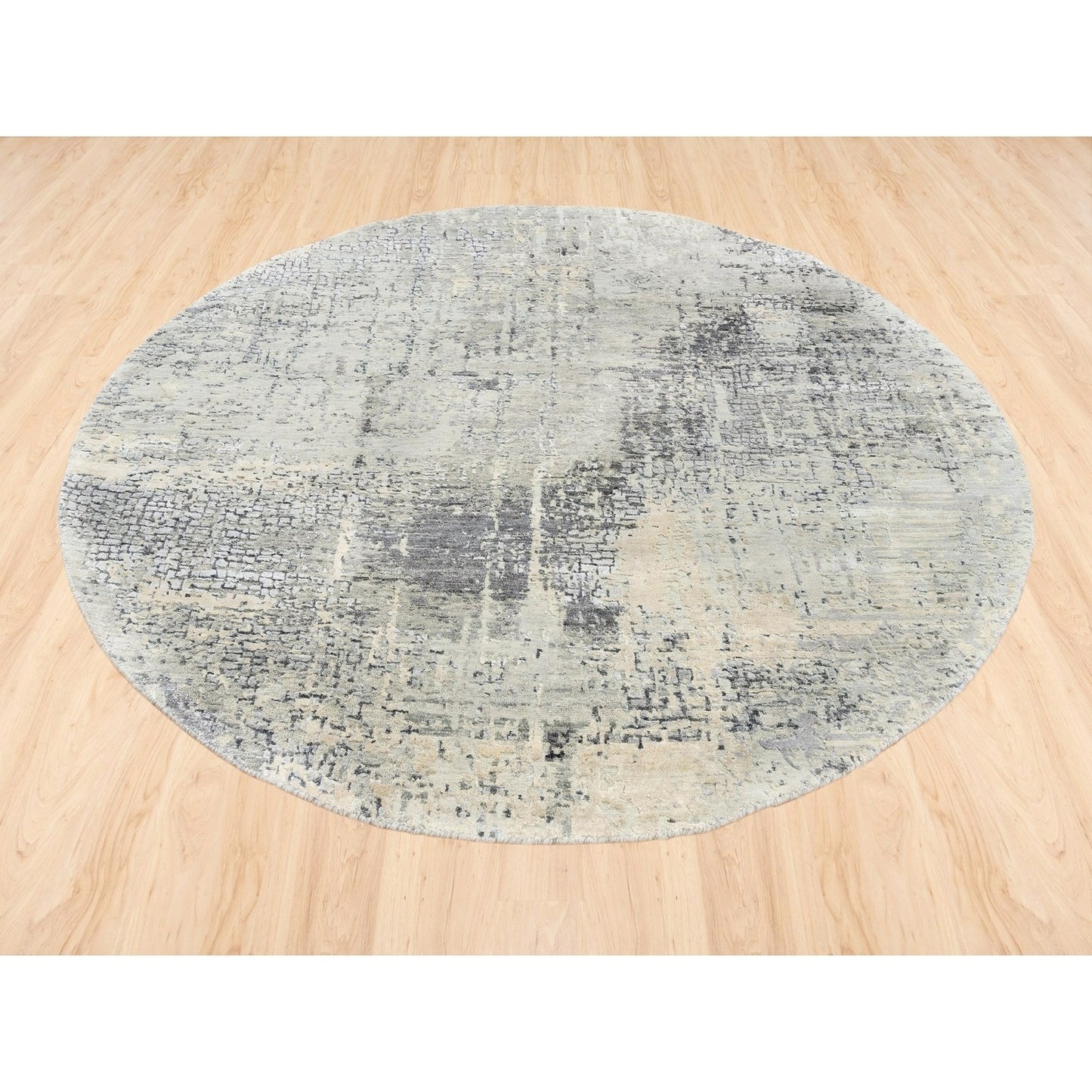 5'10"X5'10" Round Wool-Silk Abstract With Mosaic Design Hand Knotted Rug