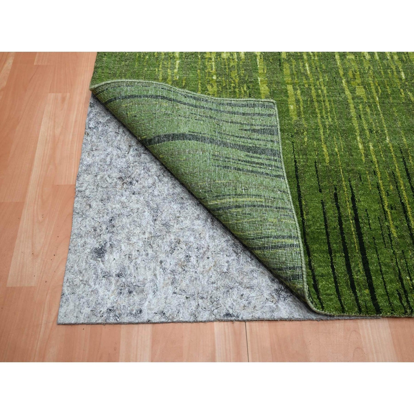 8'2"X10'3" Pickle Green Vertical Ombre Design Hand Knotted Soft Wool Rug