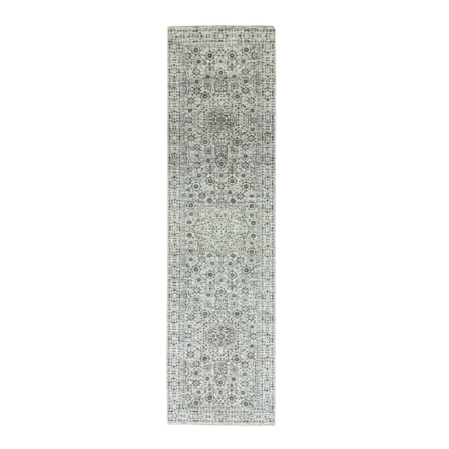 2'8"X10' White Mamluk Dynasty Design Undyed Wool Hand Knotted Runner Rug