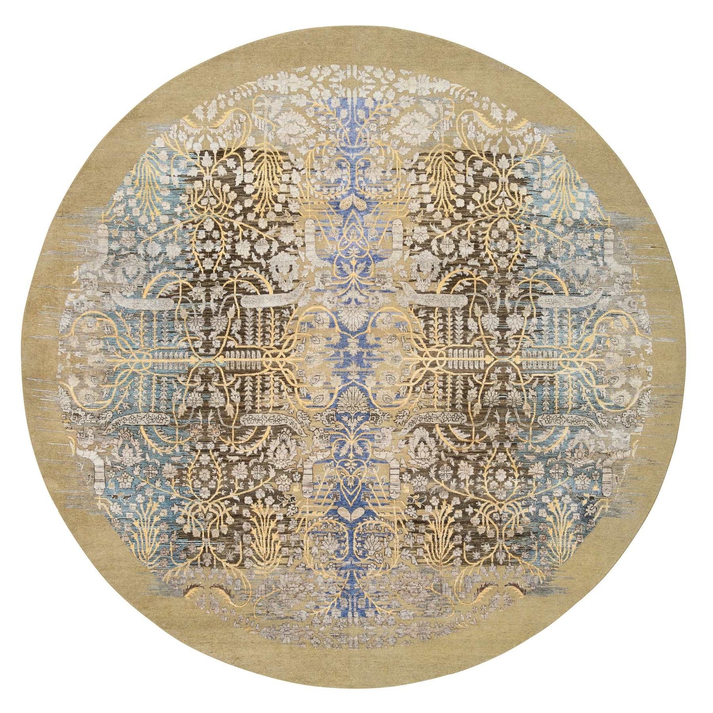 10'X10' Gold Brown Hand Knotted Transitional Sarouk Silk/Wool Round Rug