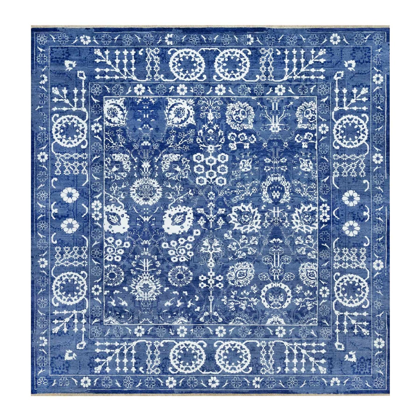 10'X10' Kensington Blue Hand Knotted Tebraz Wool Silk Oriental Square Rug