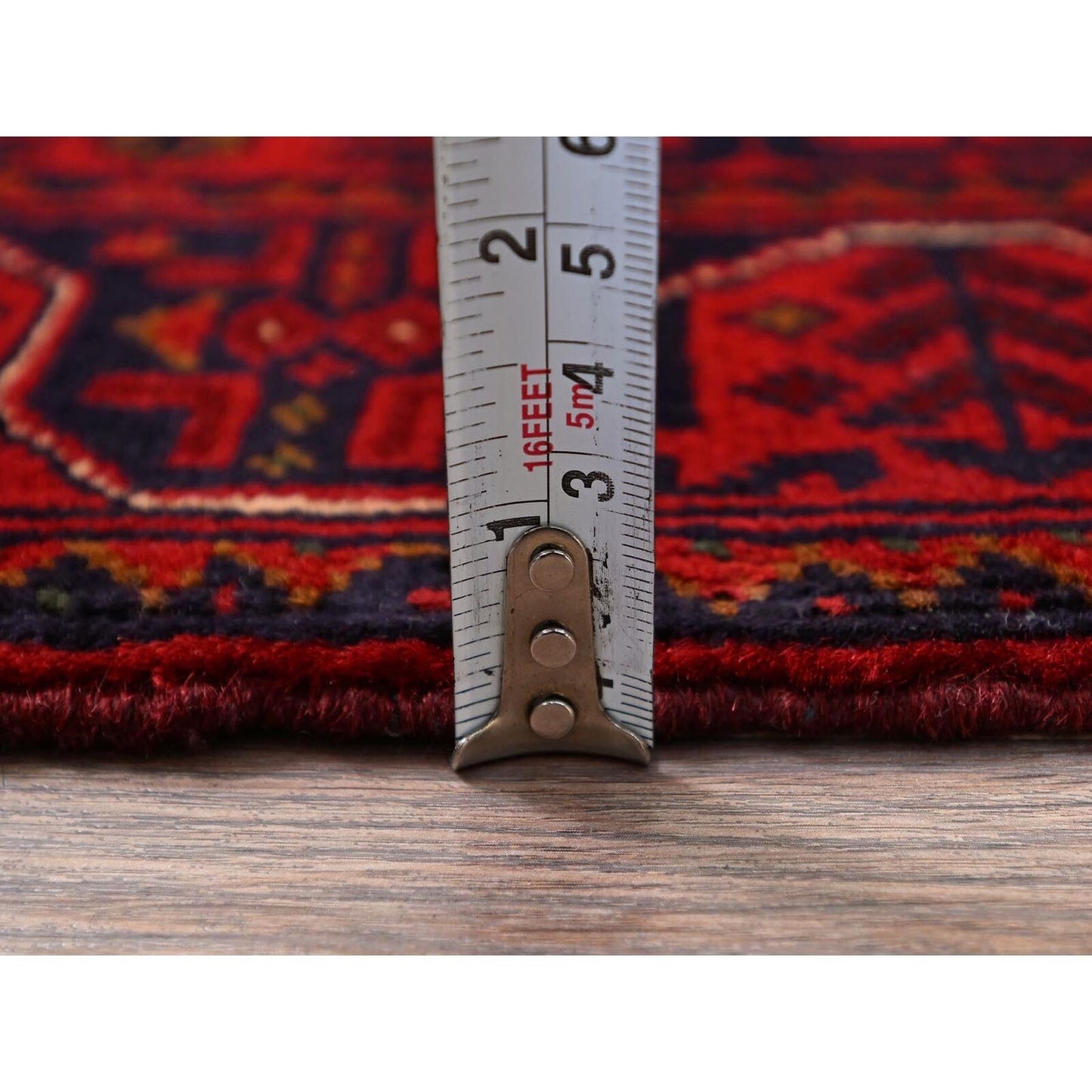 1'8"X4'9" Red Afghan Khamyab Geometric Pattern Hand Knotted Wool Runner Rug