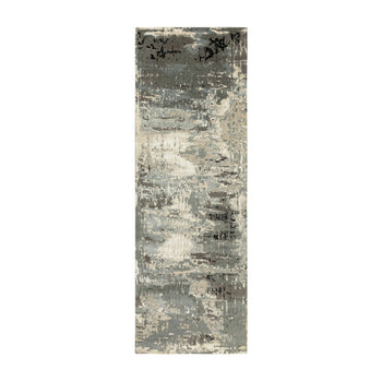 4'X12' Hand Knotted Taupe Abstract Design Wool Silk Runner Hi-Low Rug