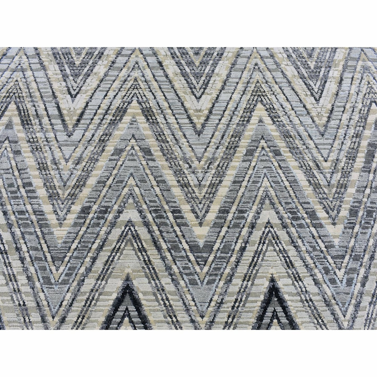9'X9' Gray Chevron Design Textured Wool And Silk Hand Knotted Round Rug