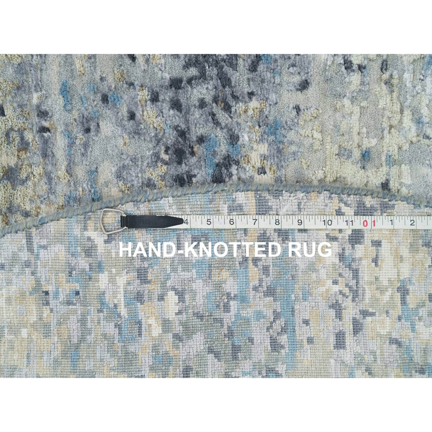 7'X7' Blue Gray Wool & Silk Hand Knotted Abstract Round Oriental Rug