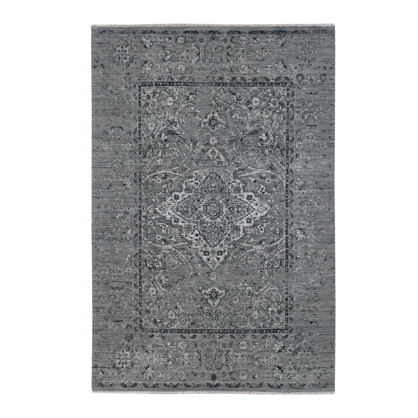6'X9' Gray Zoroastrian Erased Design Silk With Wool Hand Knotted Rug