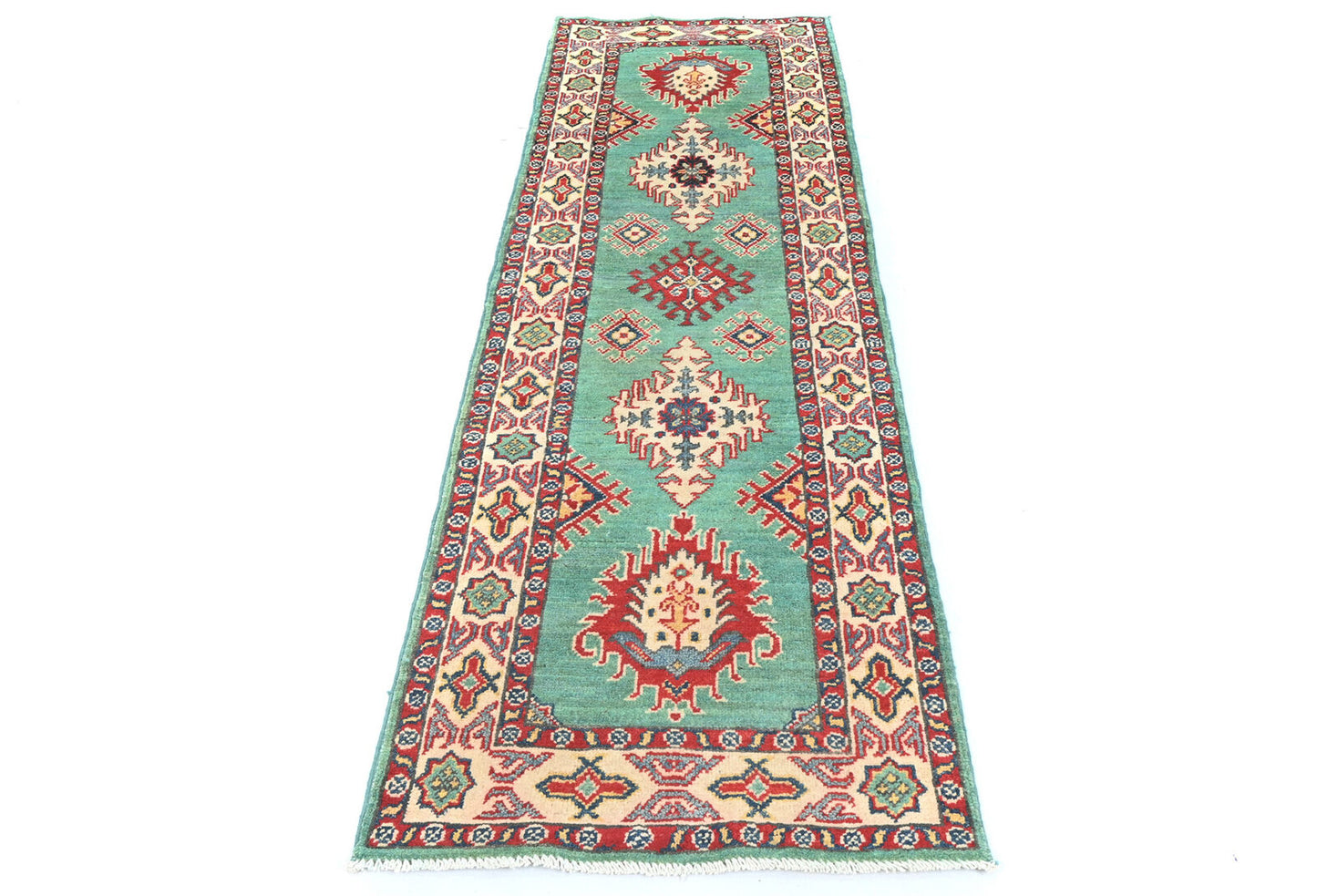 Hand-Knotted Kazak Tribal Runner Rug Geometric