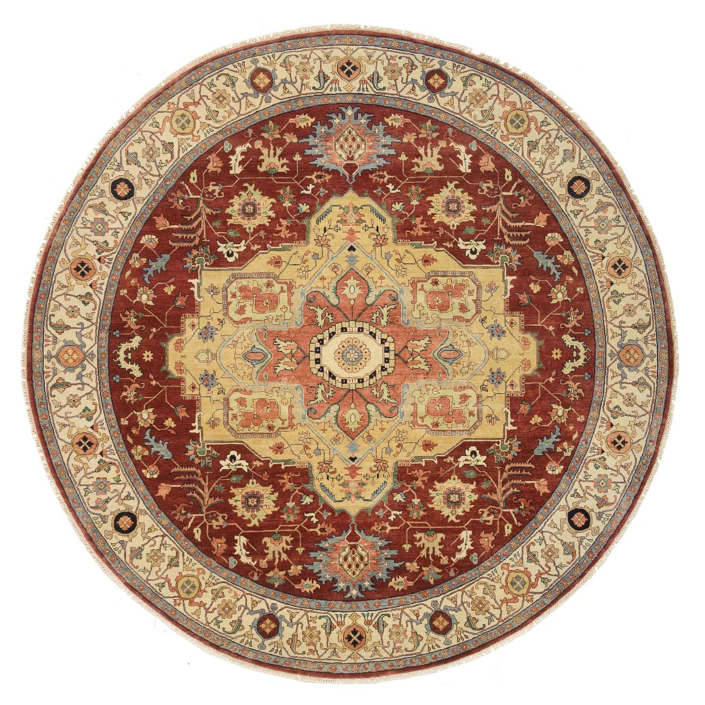 10'X10' Red Hand Spun Wool Hand Knotted Antiqued Fine Heris Round Rug