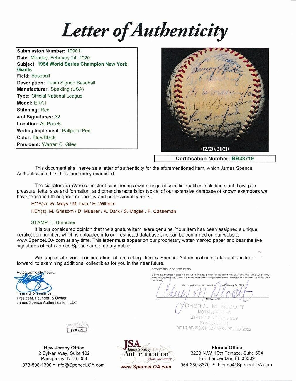 1954 World Series Champs Giants Team 32 Signed/ W. Mays Onl Baseball Jsa 149565